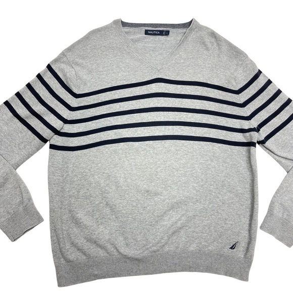 Nautica striped knited Sweater v neck grey blue size L sailor sail long sleeves - Picture 10 of 10